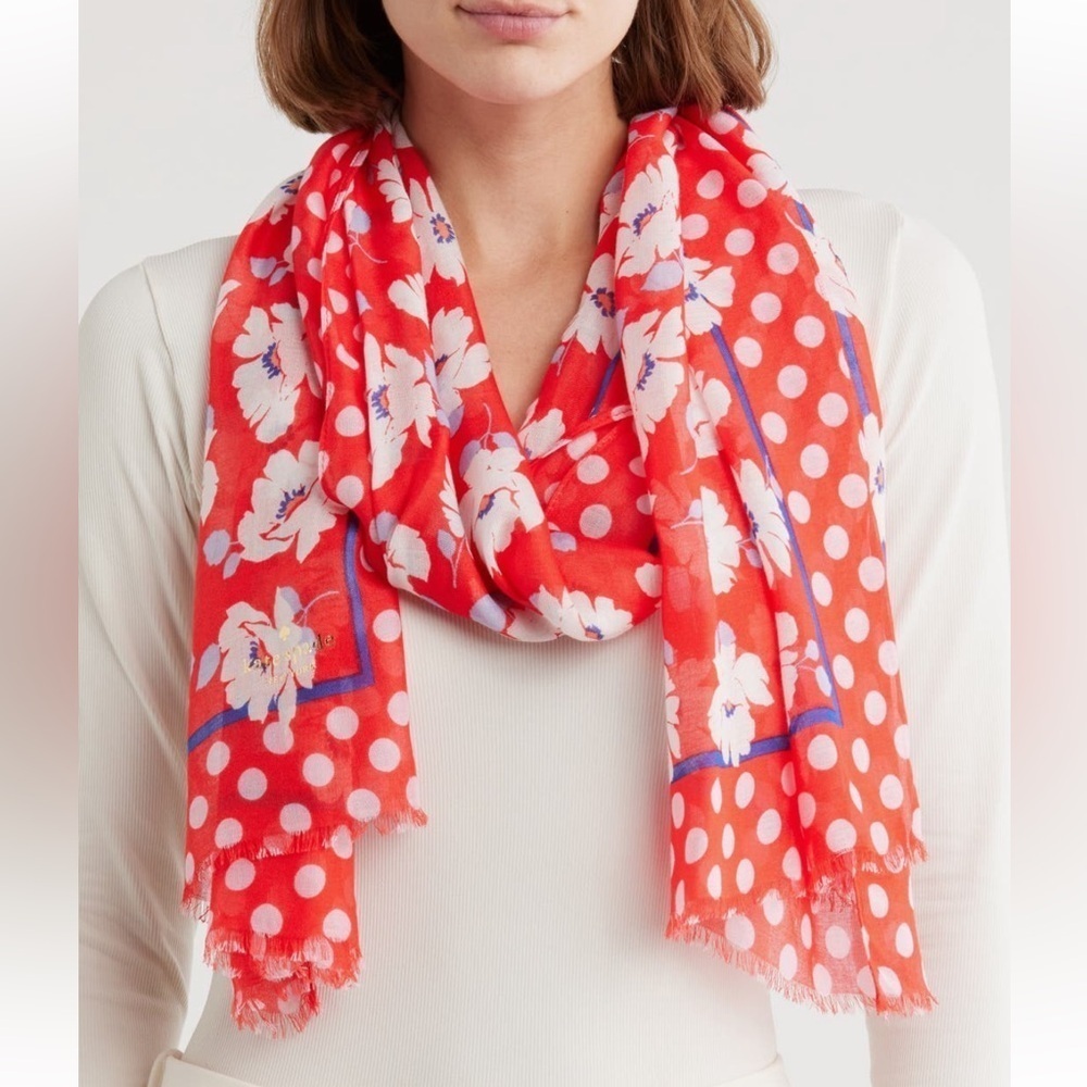 Kate Spade New York Springtime Floral Oblong Scarf in Ponderosa Red NWT